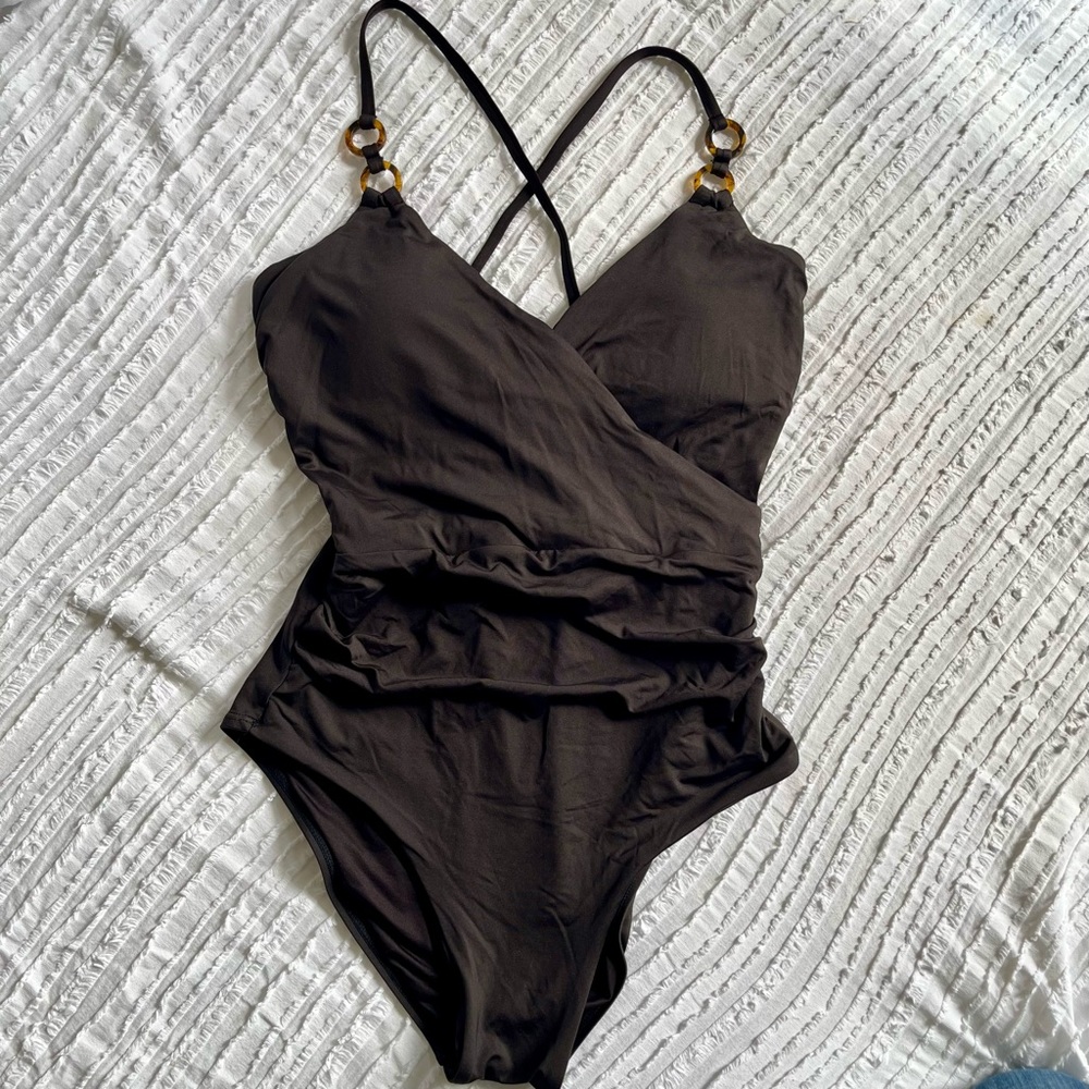 Sunn Lab Swim One Piece Cross Front Bathing Suit, Dark Brown, M